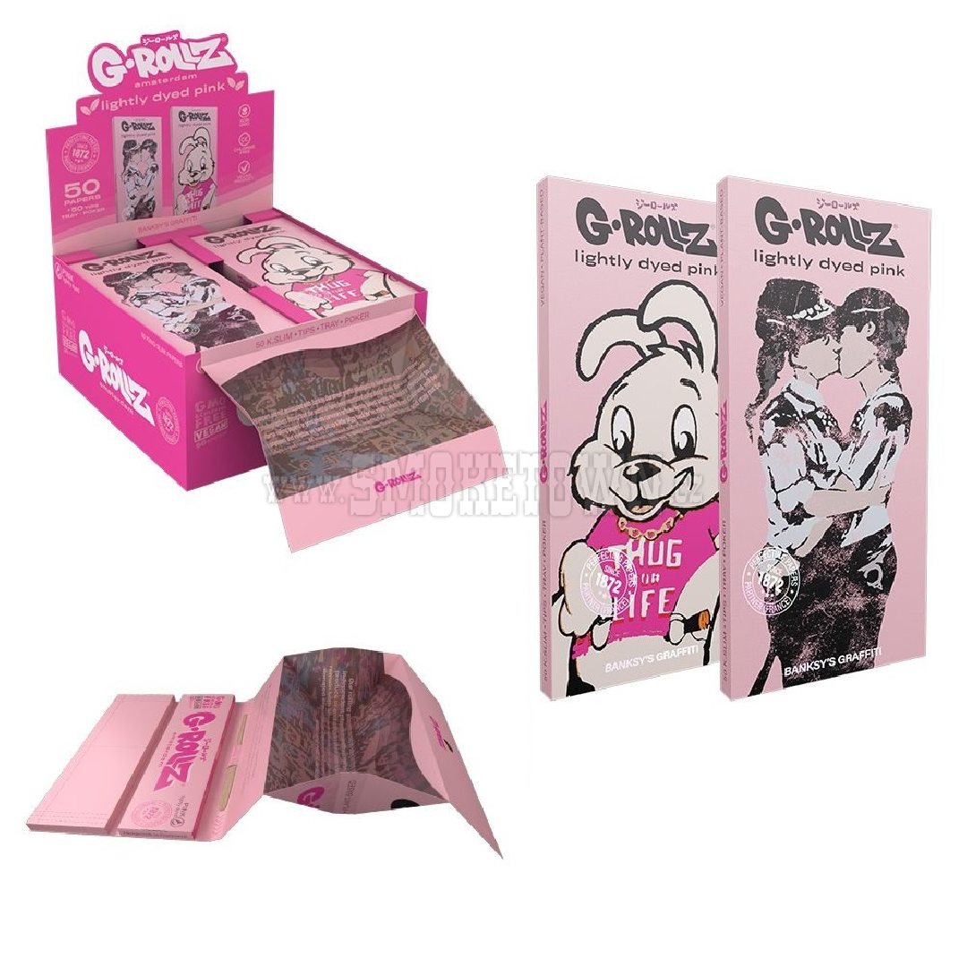 G-Rollz Banksy s Graffiti Dyed Pink Set Rolling Papers + Tips + Tray