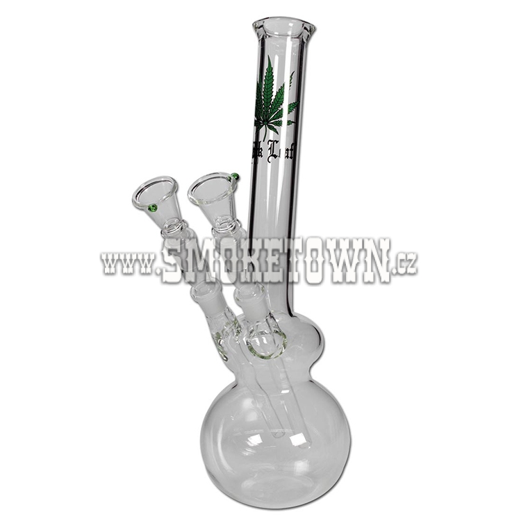 Black Leaf Heavy Duty Double Bowl Glass Bong Flask 42cm