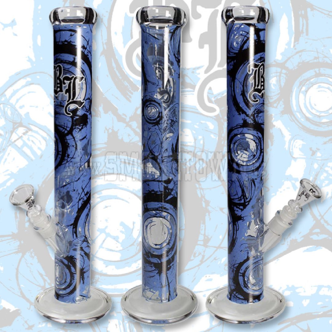 Black Leaf Whirl Glass Bong All-Over Print Blue Straight 45cm